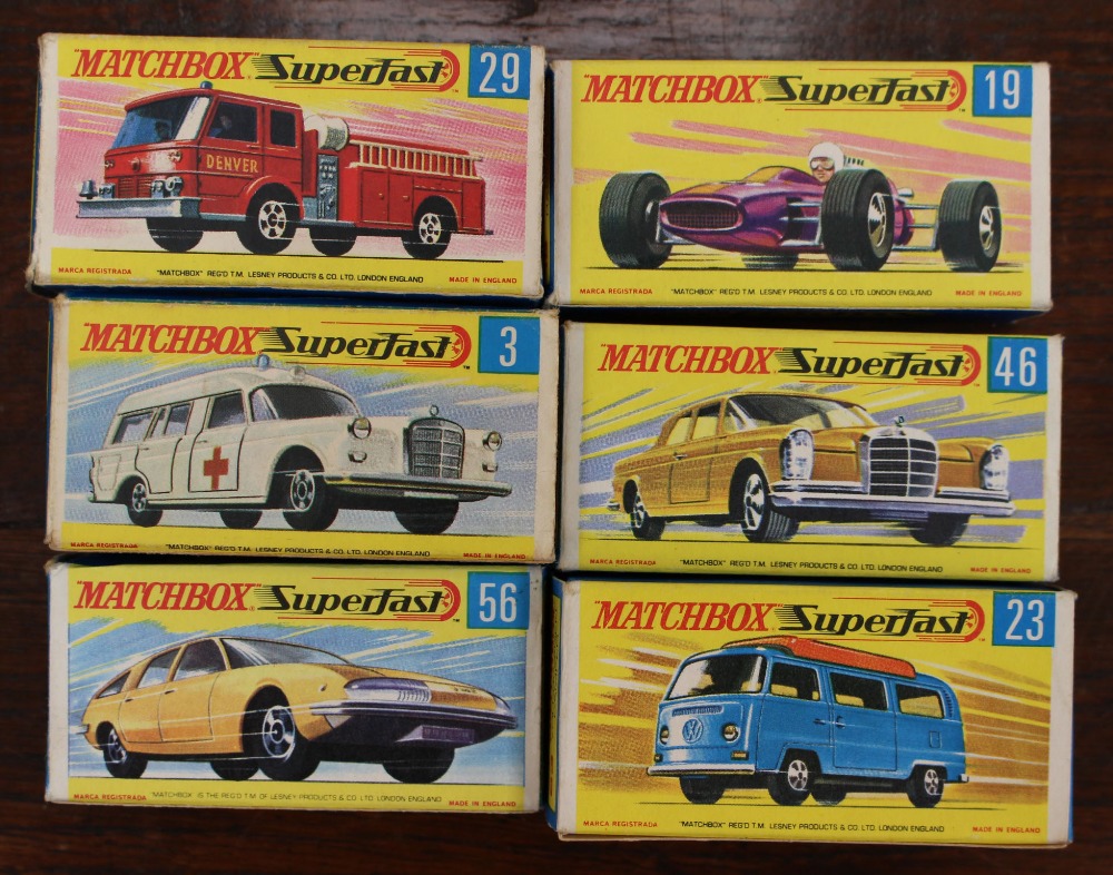 Six boxed Matchbox vehicles, fire pumper truck, BMC 1800 pininfarina, Binz Ambulance,