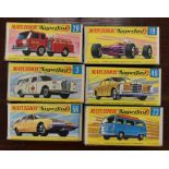 Six boxed Matchbox vehicles, fire pumper truck, BMC 1800 pininfarina, Binz Ambulance,