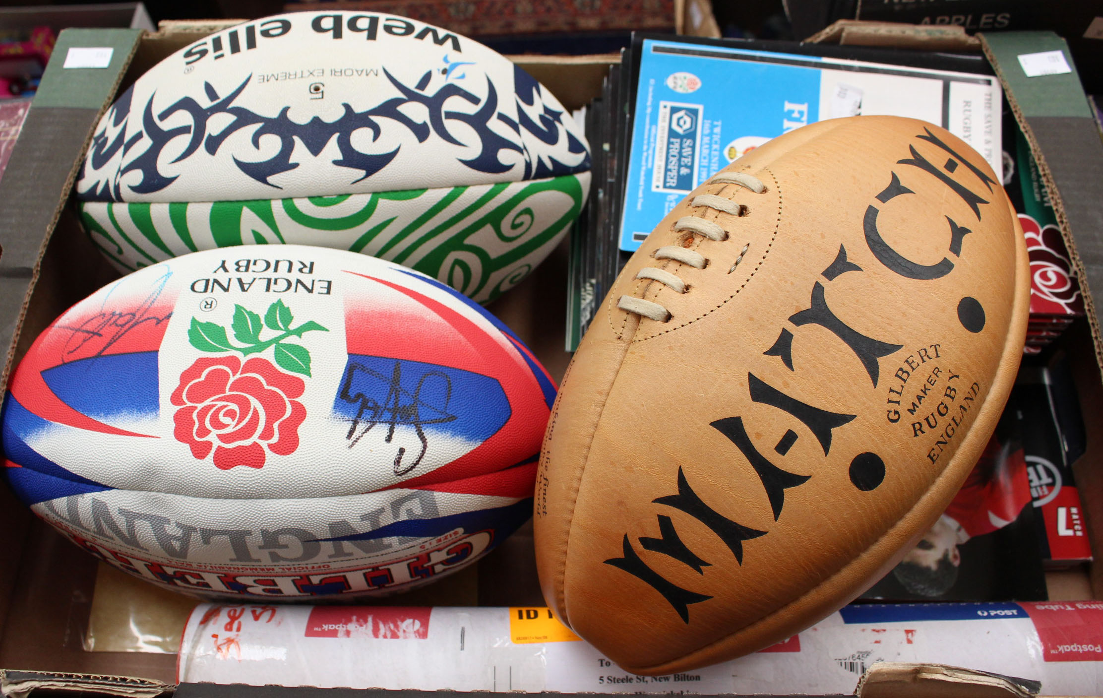 Rugby memorabilia: one box of assorted rugby memorabilia to include, three rugby balls,