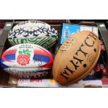 Rugby memorabilia: one box of assorted rugby memorabilia to include, three rugby balls,