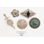 A collection of Scottish silver brooches, various Celtic, Iona style designs, including enamelled,