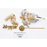 A yellow and white metal pearl set brooch, designed as a stylised leaf, stamped 'K14',