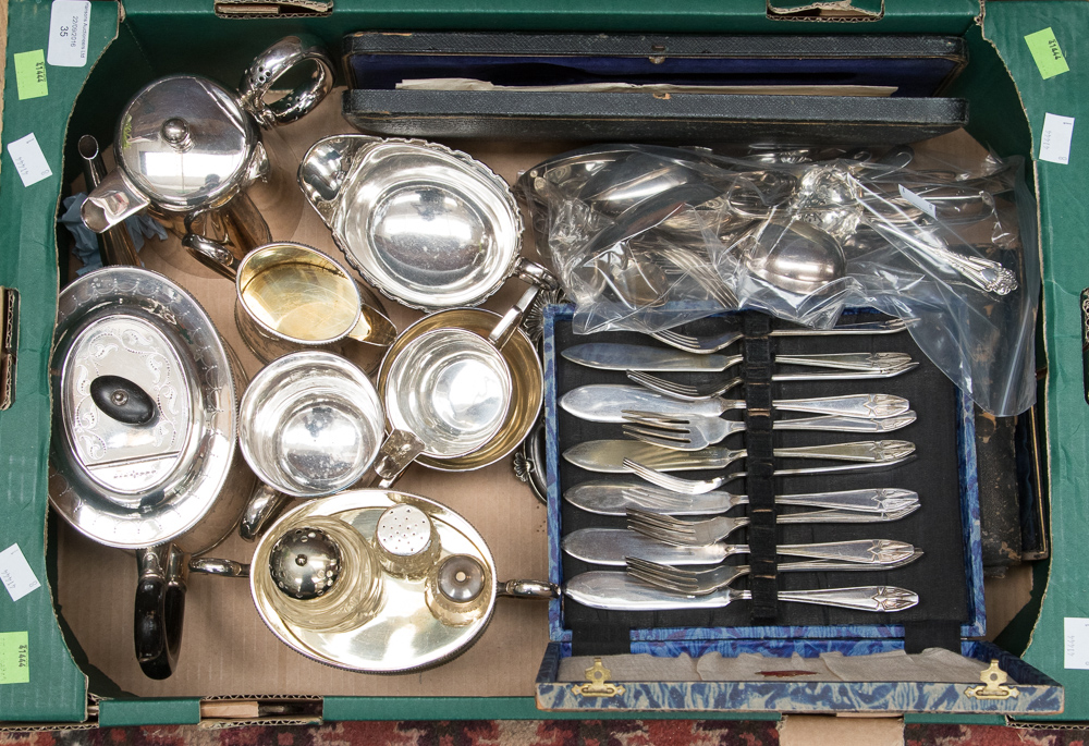 A box of EPNS, comprising cased flatware, some having silver collars, Walker & Hall part tea wares,