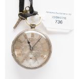 A silver pocket watch, the silvered dial embellished with scroll decoration,