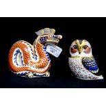 Royal Crown Derby paperweight 'Tawny Owl' - gold stopper and a silver stopper Dragon (2)