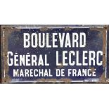 A "Boulevard General Le Clerc Marechal de France", blue French enamel street sign,