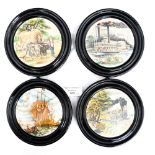 Four framed Prattware style pot lids, ox cart, steam engine, river boat and sail ship,
