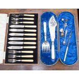 A cased EPNS mother of pearl handled set of fish servers,