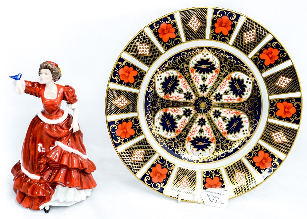 A Royal Doulton figure 'Pauline' HN3643 (af) together with a boxed (second) Royal Crown Derby plate,