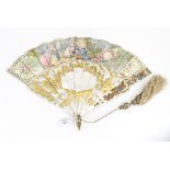 A 19th Century French hand held paper fan, gilt mother of pearl stick,