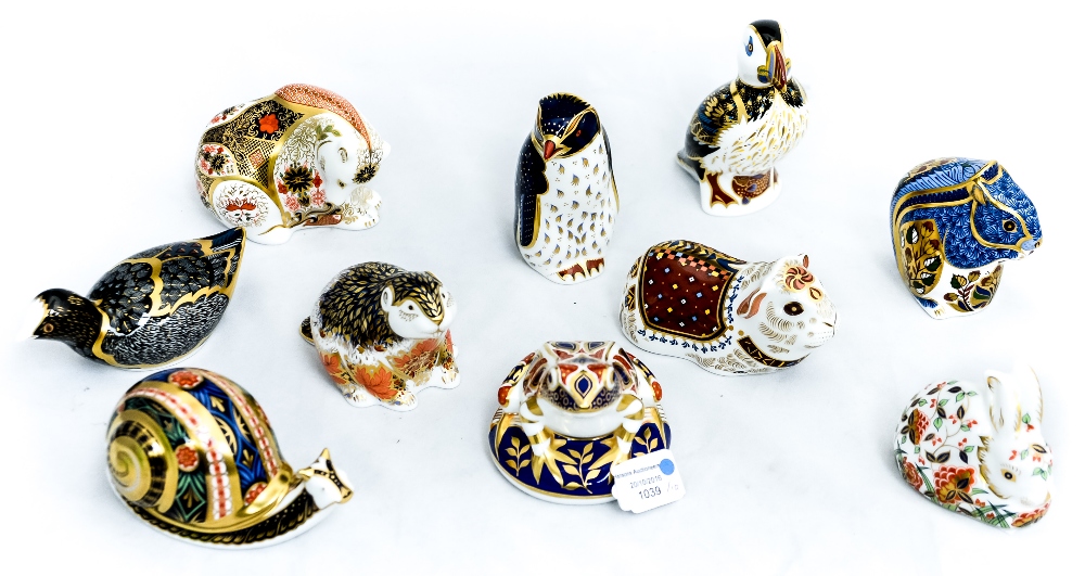 Ten boxed Royal Crown Derby paperweights to include Chatsworth Coot, Puffin, Garden Snail,