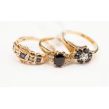 Three 9ct gold dress rings, comprising a sapphire and diamond chip cluster, ring size R,