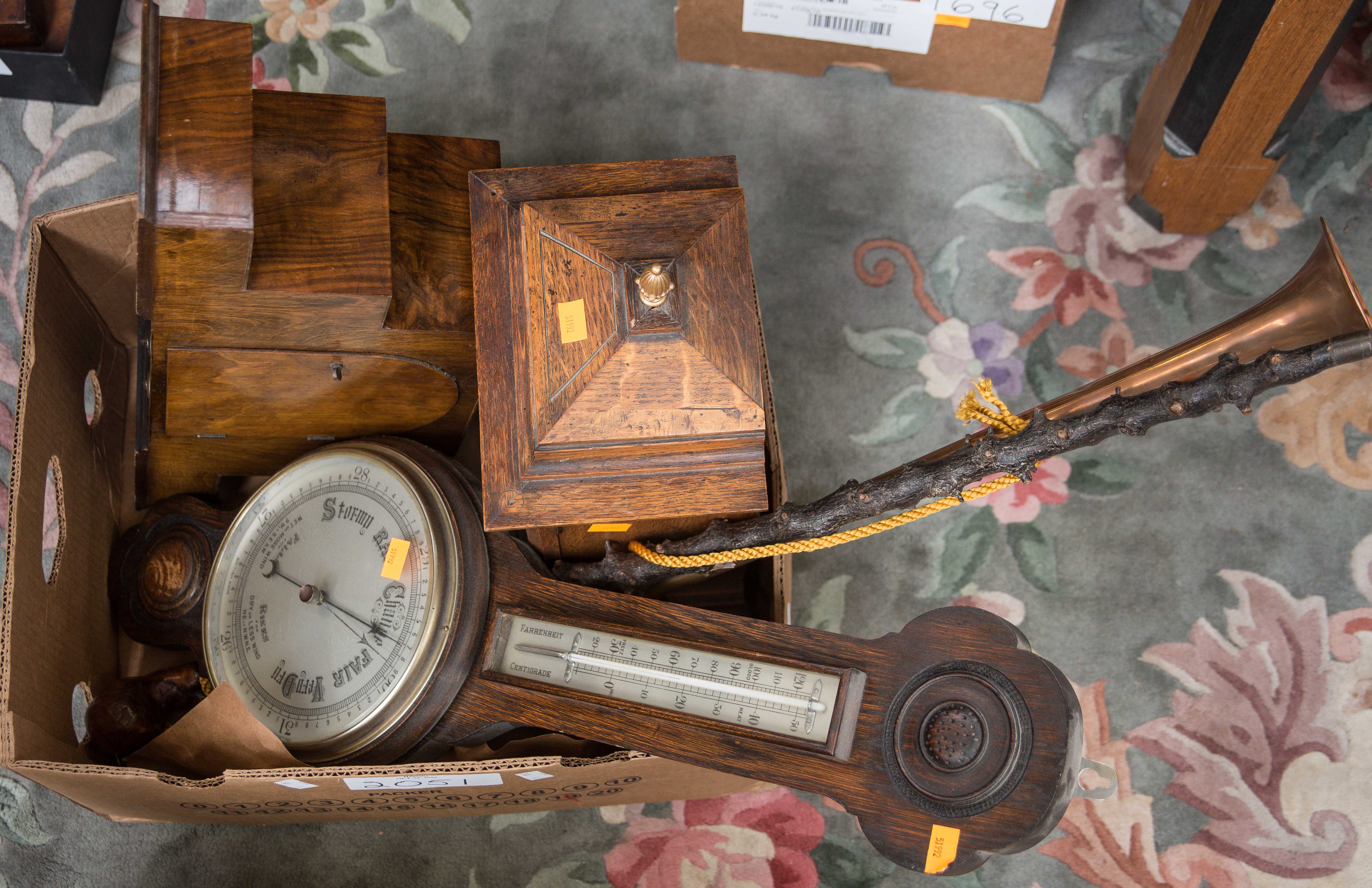 A mahogany cased mantel clock, another clock, barometer,