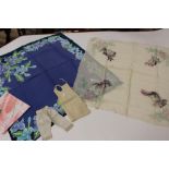 An unusual silk scarf depicting vintage ladies wearing bonnets (1930s, two marks, made by Raymonde,