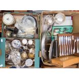 Two boxes of silver plate including goblets, cruet set, trays, cutlery,