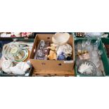 Three boxes of assorted ceramics, including assorted teapots, plates,