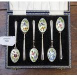 A cased set of 20th Century silver and enamelled bowl, coffee spoons, makers Albert Edward Jones,