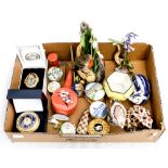 A box of ceramics, model enamel boxes, unmarked Royal Crown Derby paperweights, no stoppers,