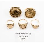 Five yellow metal rings, assessed as 9ct gold, token set, assorted sizes, gross weight approx 12.