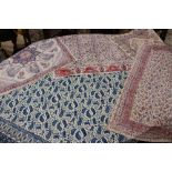 Blue and white cotton tablecloth 240 cm x 160 cm and another large cotton cloth printed in pinks,