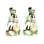 A pair of Staffordshire flatback spill vases, circa 1850 with scripts,