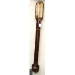 A George III style oak cased stick barometer and thermometer