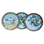 Three Japanese cloisonne circular wall plaques, Meiji period, circa 1868-1912,