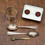 A pair of Silver Jubilee teaspoons 1935 George V London; together with a bronze salt spoon,