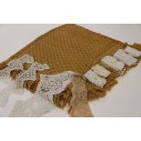 A 19th Century gold handmade lace shawl, lace collar and cuffs,