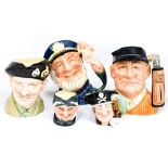 A collection of three large Royal Doulton character jugs and two small, comprising Monty D6202,