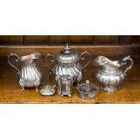 A silver cream/milk jug, EP sucrier and cover, milk jug,