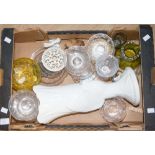 A box of ceramics and glassware including a Stuart crystal dessert set, Victorian glass,