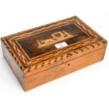 A walnut and satinwood inlaid box with sleigh scene to top