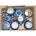 A box of Adams of Tunstall blue and white Jasper type ceramics, including biscuit barrel,