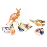 Five Royal Crown Derby paperweights including Australian collection Kangaroo, Mallard, Partridge,