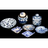 Blue and white including pickle dishes; Japanese bowl; tea canister;