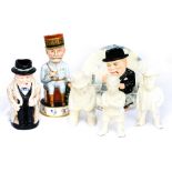 Three Bovey Pottery cream glazed figures of 'The Boss' (Churchill) lacks cigar to mouth 'Stalin'