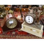 A spelter figural mantel clock (af) and a contemporary clock (2)