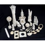 Ivory carvings including puzzle balls, jewellery,