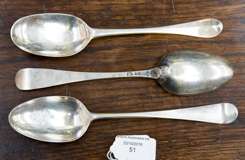 Three George II silver table spoons, Harlequin and rat tail, one clearly marked for London 1755,