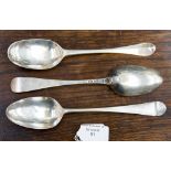 Three George II silver table spoons, Harlequin and rat tail, one clearly marked for London 1755,