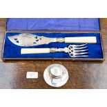 Early 20th Century silver ink well with fish knife and fork cased