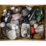 A selection of minerals to include a large piece of malachite, quartz crystals, haematite, selenite,