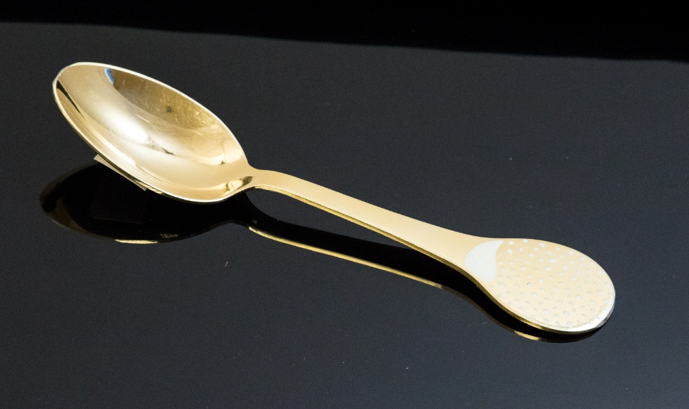 Kim Buck for Georg Jensen, a silver gilt and enamelled spoon, Jul 2006,