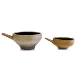 Leach Pottery, two St Ives Studio Pottery bowls, stoneware, celadon glazed stoneware, with handles,