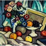 William Telfer (1907-1989), still life, flowers and fruit, roses & anemones, oil on canvas,