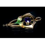 An Art Nouveau amethyst and enamelled 9ct rose gold pendant,