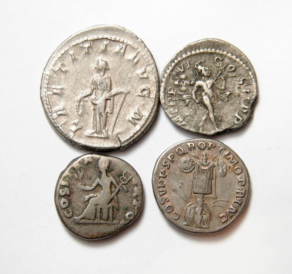 Group Of Four Silver Roman Coins Vespasian Denarius 69-71 AD, PAX seated left COS ITER TRP PONT, - Image 2 of 2