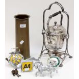 A silver plated spirit kettle; together with two AA badges,