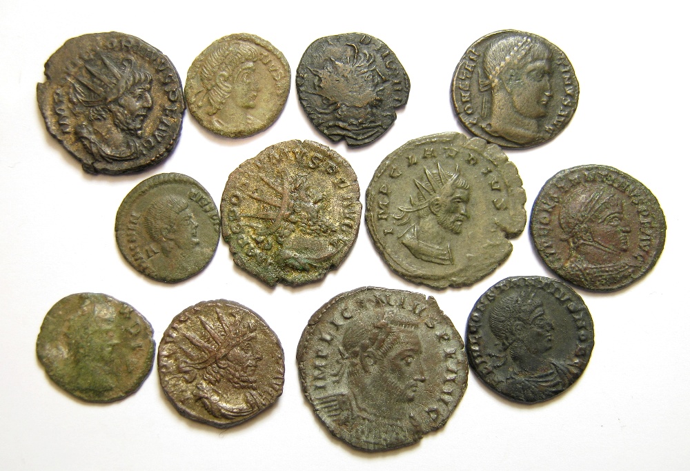 Twelve Roman bronze coins 3rd-4th Century Including coins of Licinius, Claudius II, Victorinus,